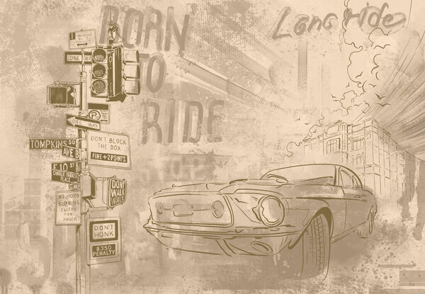 Городской автомобиль на фоне города. Пейзаж Мегаполиса. Бежевые цвета. Большое городское прошлое. Городской стиль. Уличный стиль. Дизайн обоев, настенная роспись, открытка, открытка, фото обои.