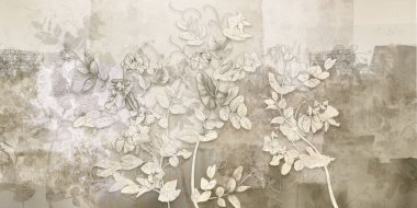 Tatlı bezelye. Soyut grunge duvarına beyaz kır çiçekleri çizilmiş. Çatı katında çiçek arkaplanı, modern tarzda. Duvar resmi, kart, kartpostal, duvar kağıdı, duvar kağıdı için tasarım.