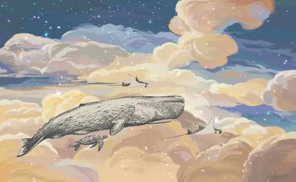 Φωτεινή Πολύχρωμη Ταπετσαρία Φάλαινα Στον Ουρανό Έναστρη Απεικόνιση Του Ουρανού — Φωτογραφία Αρχείου
