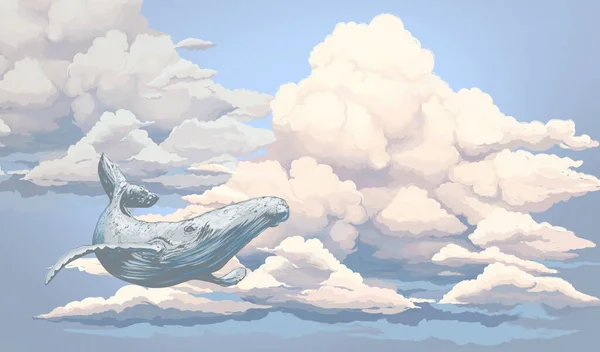 Bright colourful sky wallpaper. Whale in the sky. Blue sky illustration. Illustration of clouds on a blue background. Beautifully painted sky. Drawn book illustration, card, postcard, wallpaper, mural