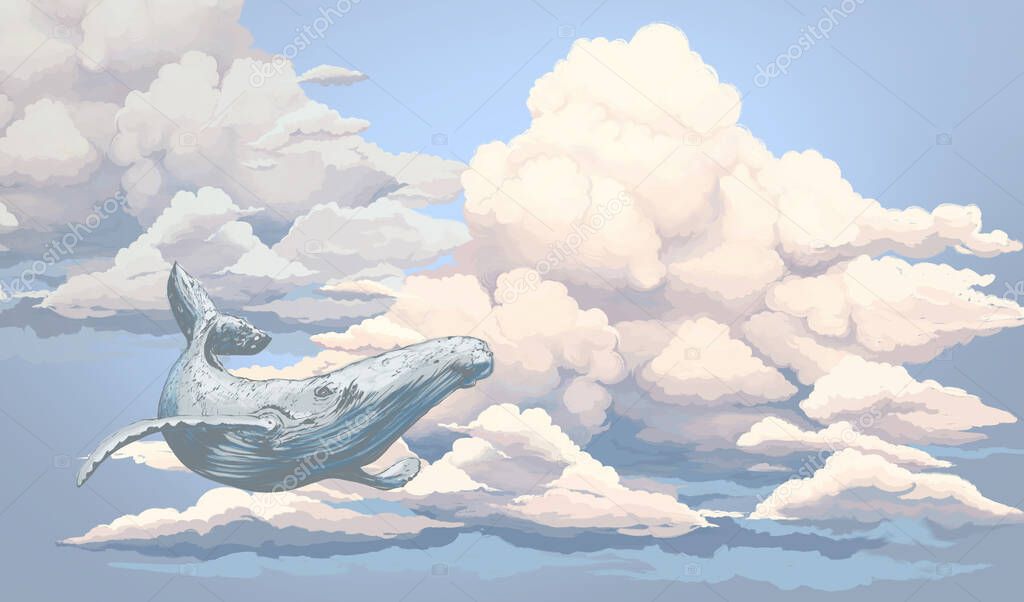 Bright colourful sky wallpaper. Whale in the sky. Blue sky illustration. Illustration of clouds on a blue background. Beautifully painted sky. Drawn book illustration, card, postcard, wallpaper, mural