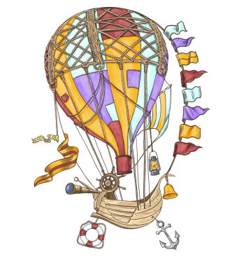 Beyaz arka planda izole edilmiş bebek renkli balon. Çocuk kitabı illüstrasyonu, kart, kartpostal, duvar kâğıdı, duvar kağıdı, duvar resmi için güzel çizilmiş tasarım ögesi.