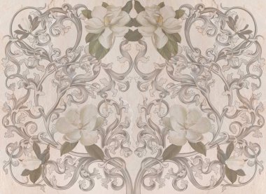 Duvar kağıdı, duvar kağıdı, duvar kağıdı, duvar kağıdı, duvar resmi, kart, kartpostal için tasarlanmış bej grunge grunge beton üzerinde manolya ve yasemin çiçekleri olan grafiksel desenler. Çatı katında resim, klasik, modern tarz.