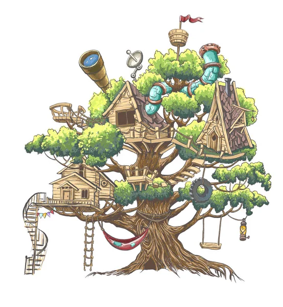 Children Illustration Drawn Tree Houses White Background Element Design Great — Zdjęcie stockowe