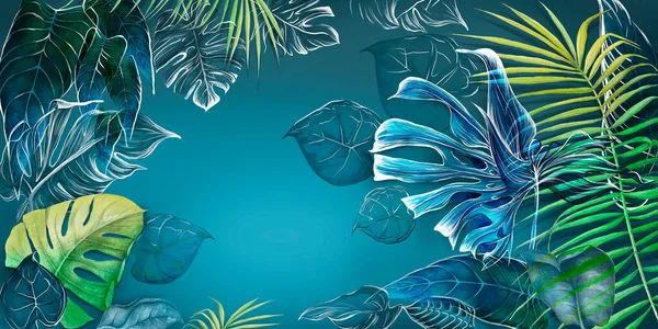 Watercolour tropical leaves on a blue background. Great choice for wallpapers, photo wallpapers, posters and cards.