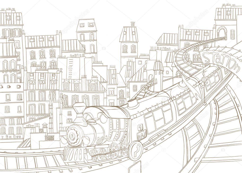 The coloring baby graphic train, railway, railroad station, town, drawn by pencil. Sketch on a white background.