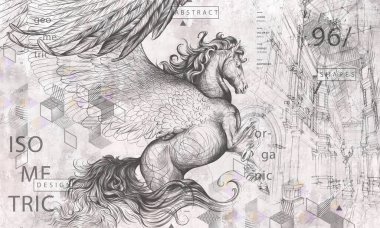 Gri beton bir duvarda kanatları ve geometrisi olan güzel bir pegasus çizimi. Duvar kağıdı, duvar kağıdı, duvar resmi, kart, kartpostal için tasarım. Çatı katında resim, klasik, modern tarz..