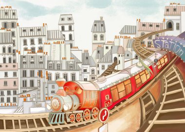 Bebek renkli tren, tren yolu, tren istasyonu, kasaba. Çizilmiş çocuk kitabı illüstrasyonu, kart, kartpostal, duvar kağıdı, duvar kağıdı, duvar resmi. Çocuklar için tasarım, kreş, ergen odası..