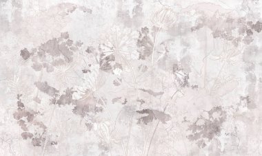 Açık beton bir grunge duvara çizilmiş kır çiçekleri. Çatı katında çiçek arkaplanı, modern tarzda. Duvar resmi, kart, kartpostal, duvar kağıdı, duvar kağıdı için tasarım.