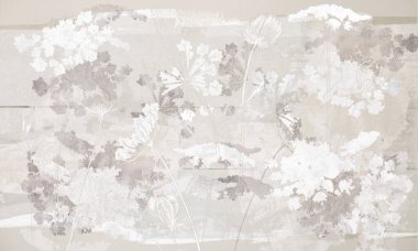 Bej renkli beton bir grunge duvara çizilmiş kır çiçekleri. Çatı katında çiçek arkaplanı, modern tarzda. Duvar resmi, kart, kartpostal, duvar kağıdı, duvar kağıdı için tasarım.