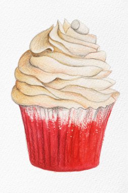 Lezzetli kremalı kek. Pasta suluboya pasta çizimi. Çocuk illüstrasyonları, kartlar, çıkartmalar, kartpostallar, kitaplar için beyaz arkaplan üzerindeki element.