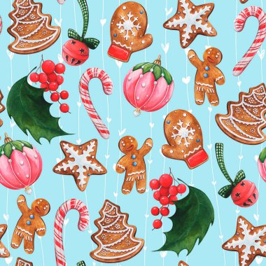 Mavi arka planda geleneksel elementler ve sembollerle el yapımı suluboya dekoratif Noel tatili kusursuz deseni. Kağıt şablonu için harika bir seçim.