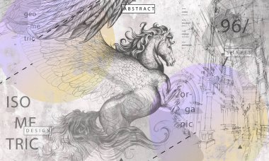 Beton bir duvarda kanatları olan güzel bir pegasus çizimi. Duvar kağıdı, duvar kağıdı, duvar resmi, kart, kartpostal için tasarım. Çatı katında resim, klasik, modern tarz..