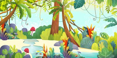 Bebek parlak renkli doğa, egzotik tropikal bitkilerle dolu orman, çiçekler ve yapraklar. Çizilmiş çocuk kitabı illüstrasyonu, kart, kartpostal, duvar kağıdı, duvar kağıdı, duvar resmi. Çocuk odası için tasarım