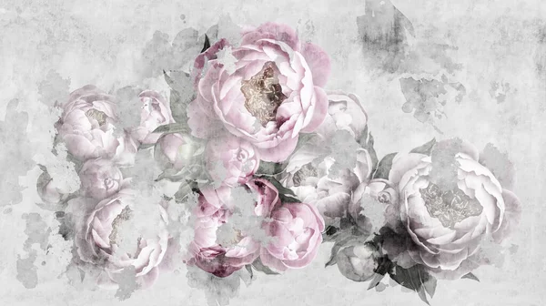 Fiori Dipinti Una Parete Peonie Sulla Consistenza Grunge Cemento Carta — Foto Stock