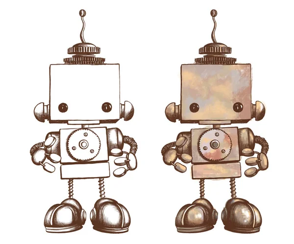 机械手绘图 图形绘图和彩色图片 机器人的角色 儿童机器人 儿童插图 照片壁纸 明信片 贴纸等的白色背景内容 — 图库照片