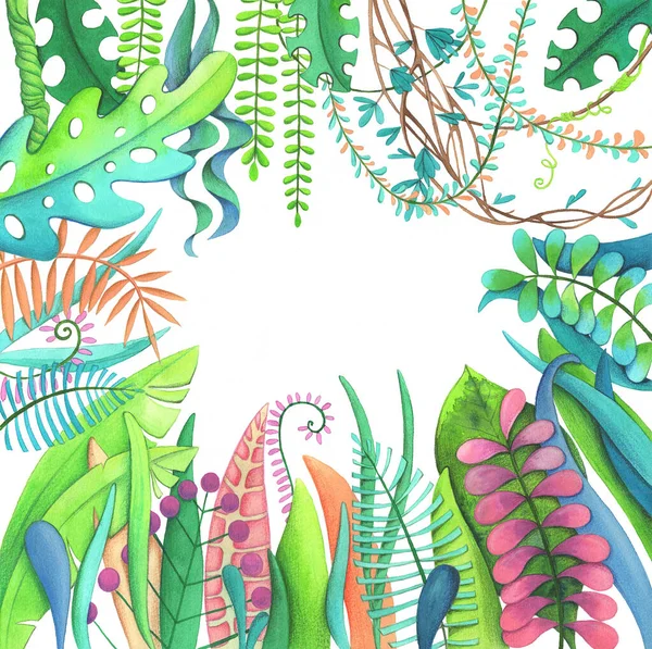 Τροπικές Υδατογραφίες Ζούγκλα Ζωγραφισμένη Από Ακουαρέλα Ιδανικό Για Καρτ Ποστάλ — Φωτογραφία Αρχείου