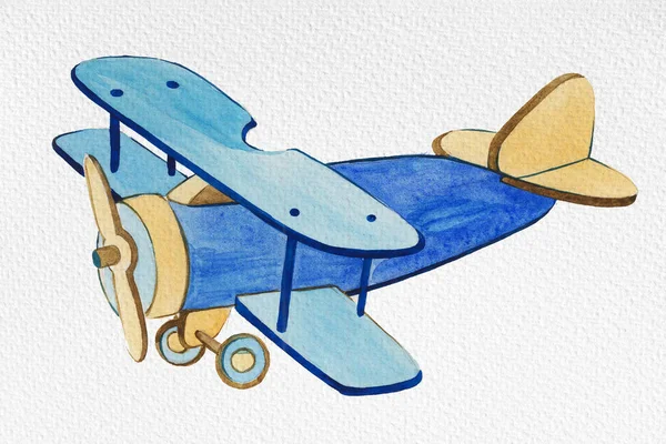 Aereo Blu Acquerello Illustrazione Lucente Bambini Aeroplano Elemento Sfondo Bianco — Foto Stock