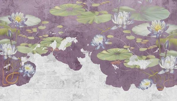 Vattenliljor Nenupharer Blommor Målade Betongvägg Bedövande Vacker Modern Väggmålning Tapet — Stockfoto