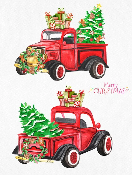 Wesołych Świąt Szczęśliwego Nowego Roku Karty Retro Pickup Choinki Prezenty — Zdjęcie stockowe