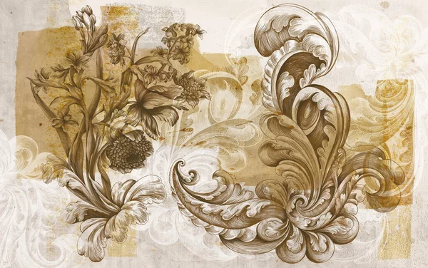 Mural Pared Papel Pintado Grabado Pared Flores Gráficas Patrones Una — Foto de Stock
