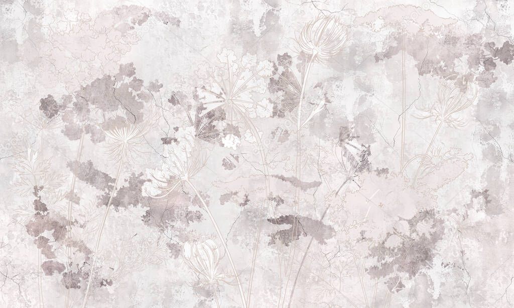 Graphic wildflowers painted on a light concrete grunge wall. Floral background in loft, modern style. Design for wall mural, card, postcard, wallpaper, photo wallpaper.
