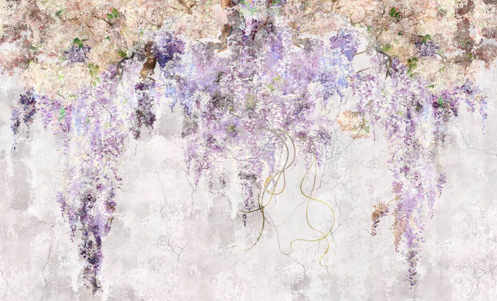 Beautiful lilac branches on the concrete grey vintage wall. Lilac flowers. Blooming lilac. Floral background in loft, modern style. Design for wall mural, card, postcard, wallpaper, photo wallpaper.