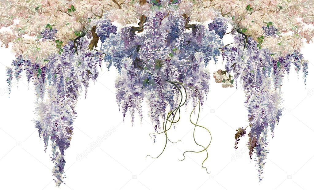 Beautiful lilac branches on the white isolated background. Lilac flowers. Blooming lilac. Floral background in loft, modern style. Design for wall mural, card, postcard, wallpaper, photo wallpaper.