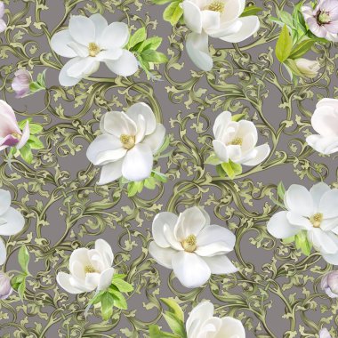 Gri bir duvarda monogram ve yasemin çiçekleri olan grafiksel desen. Beyaz çiçek deseni. Duvar kağıdı, duvar kağıdı, duvar resmi, kart, kartpostal tasarımı. 