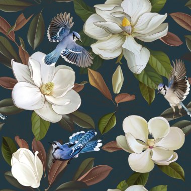 Manolya çiçekleri ve mavi duvarda egzotik kuşlar olan güzel bir desen. Çiçek deseni. Duvar kağıtları, duvar kağıtları, duvar resimleri, kartpostallar, kartpostallar vs. için tasarım. 