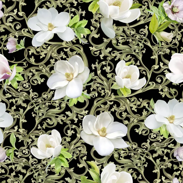 Grafiskt Mönster Med Monogram Och Jasminblommor Svart Vägg Vita Blommor — Stockfoto