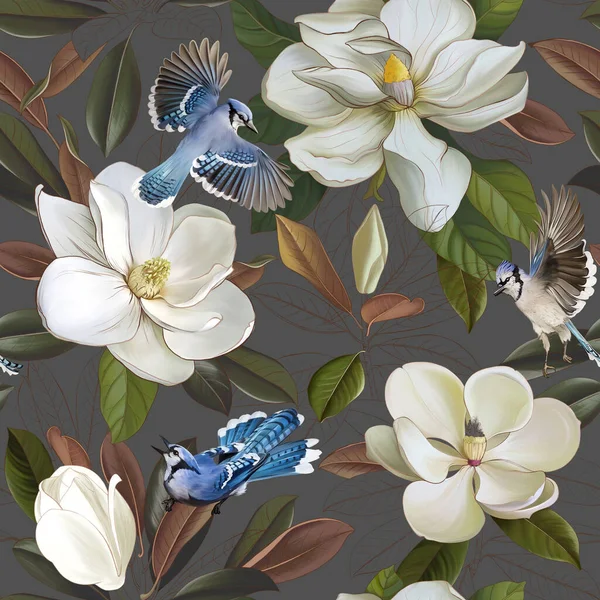 Hermoso Patrón Con Flores Magnolia Aves Exóticas Una Pared Hormigón — Foto de Stock