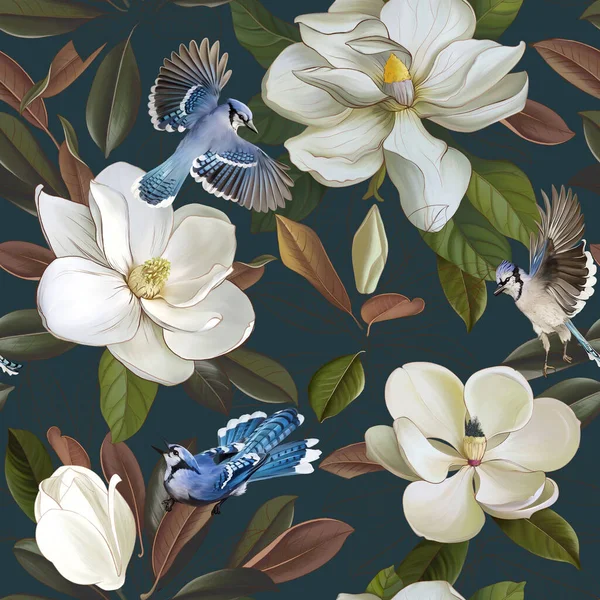 Manolya çiçekleri ve mavi duvarda egzotik kuşlar olan güzel bir desen. Çiçek deseni. Duvar kağıtları, duvar kağıtları, duvar resimleri, kartpostallar, kartpostallar vs. için tasarım. 