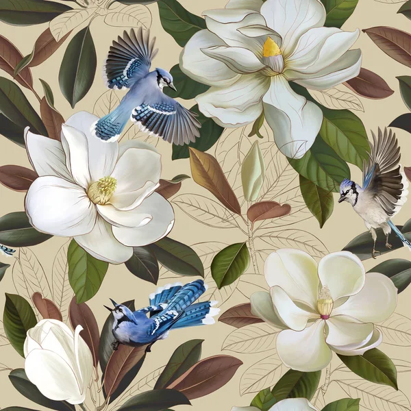 Hermoso Patrón Con Flores Magnolia Aves Exóticas Una Pared Beige — Foto de Stock
