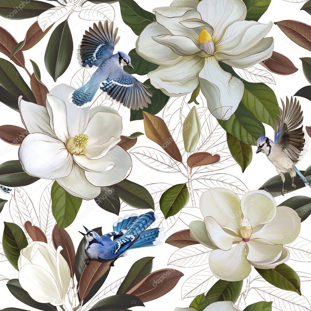 Beautiful pattern with magnolia flowers and exotic birds on the white background. Floral pattern. Design for wallpapers, photo wallpapers, murals, cards, postcards, cases, etc. 