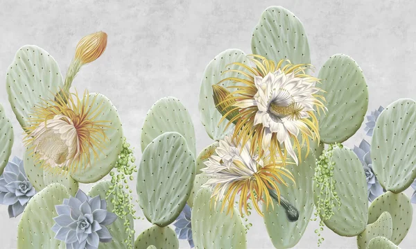 Flowering cacti on the concrete light grunge wall. Cactus plant. Blooming cactus. Exotic background for wallpaper, photo wallpaper, mural, card, postcard, painting.