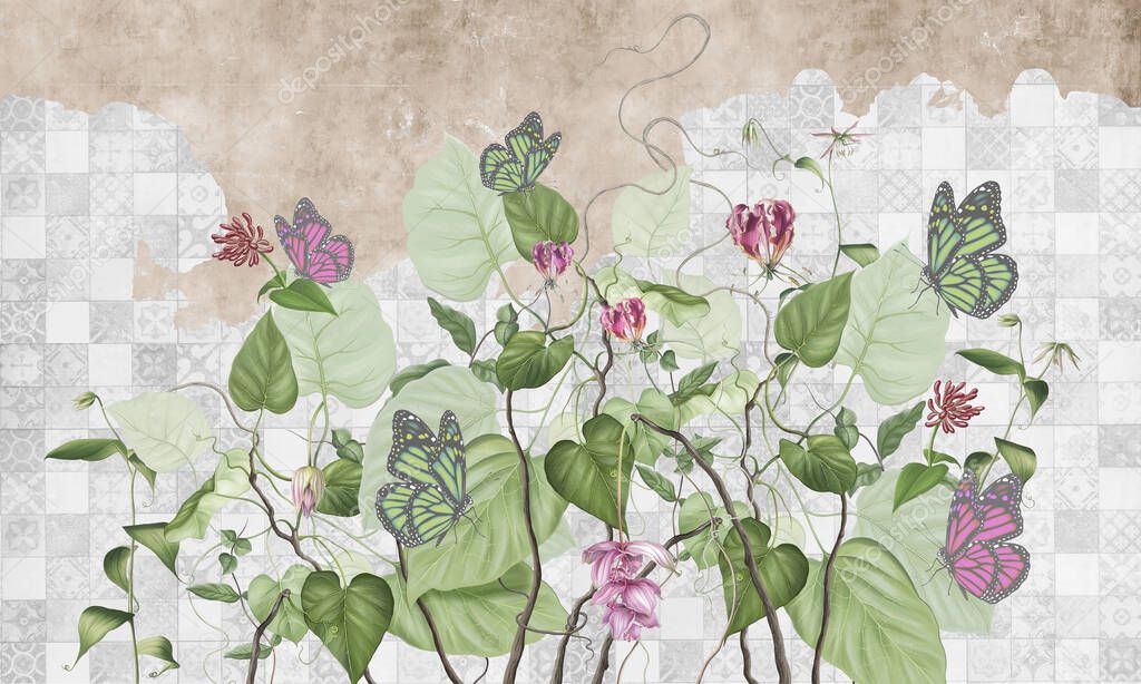 Curly branches with pink and green butterflies. Beautiful painted flowering branches on the abstract patterned grunge wall.Design for wall mural, card, postcard, wallpaper, photo wallpaper, etc.