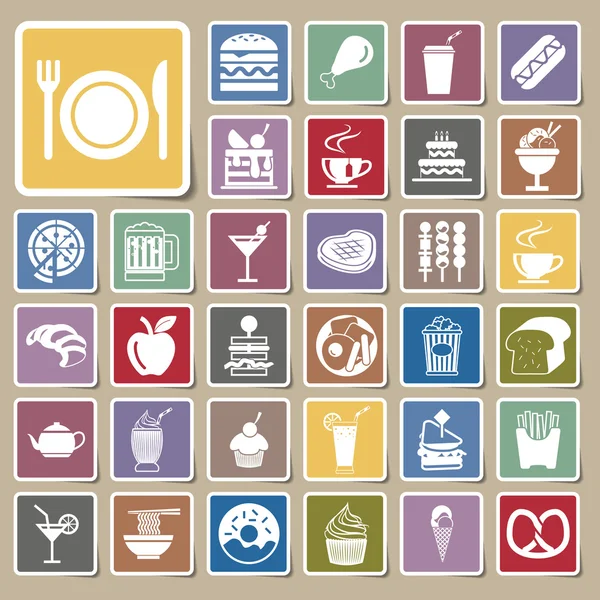 Menú de vectores alimentos y bebidas iconos conjunto de etiquetas — Archivo Imágenes Vectoriales
