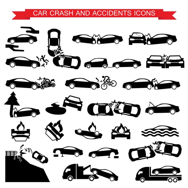 Accidente de coche y accidentes iconos — Vector de stock