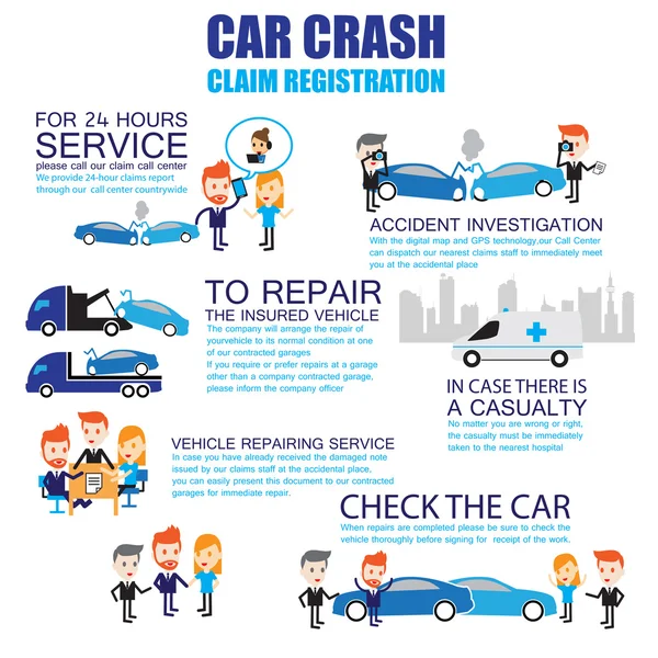 Incidente d'auto assicurativo, Infografica personaggi dei cartoni animati — Vettoriale Stock