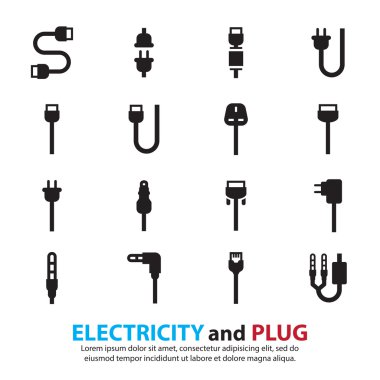 Cable wire computer and plug icons set clipart