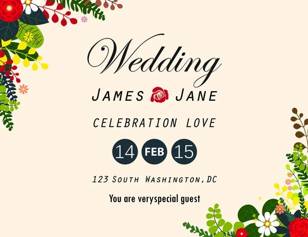 Bruiloft uitnodigingskaart, bloem regelingen achtergrond — Stockvector