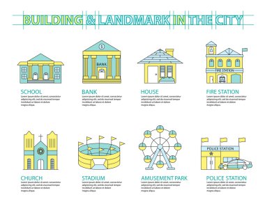 Set of Flat line icon & infographic design concept, Buildings la