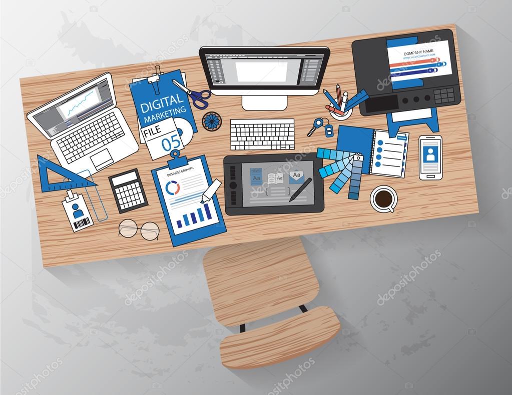 Workplace of designer with devices for work,Flat designed banner