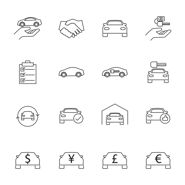 Venta de coches y alquiler de coches iconos conjunto — Vector de stock
