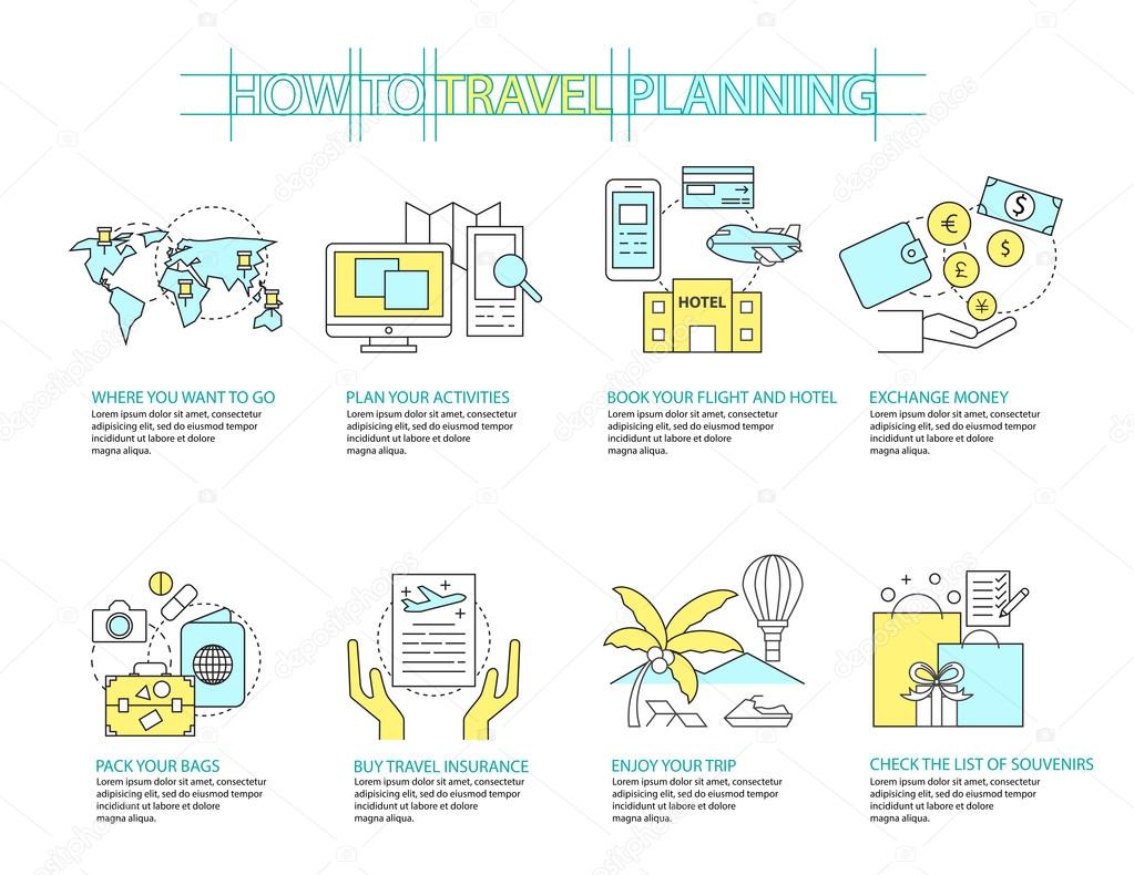 Set of Flat line icon & infographic design concept Planning trav