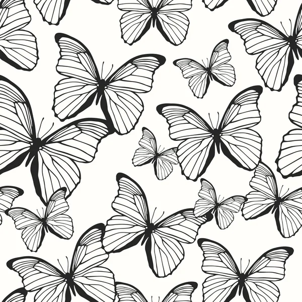 Seamless pattern with hand drawn outline butterflies — Stock Vector