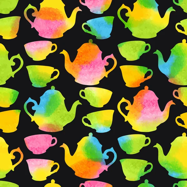 Nahtloses Muster mit Aquarelltassen und Teekannen — Stockvektor