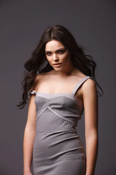 Brunette girl in a gray dress — Stock Photo, Image