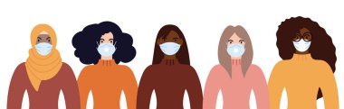 Bir grup farklı ırktan kadın, salgın hastalıktan korunmak için yüz maskesi takıyor. Düz tasarım vektör çizimi.